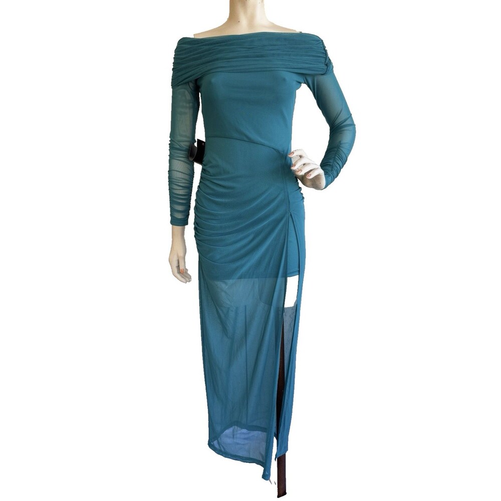 NWT $159 BEBE Mesh Maxi Dress Teal Blue Off Shoulder Long Sleeve Sheer Tulle S